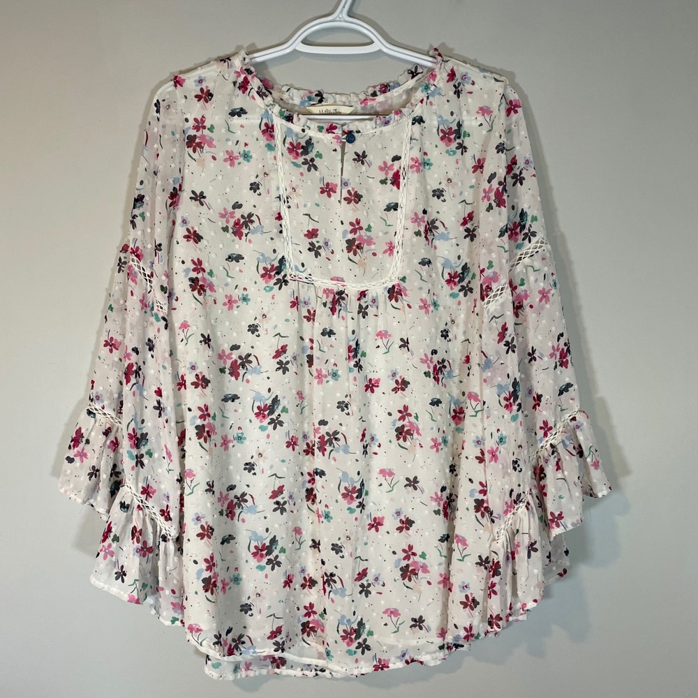 Matilda Jane What's Up Buttercup Floral Swiss Dot Tiered Bell Sleeve Blouse L